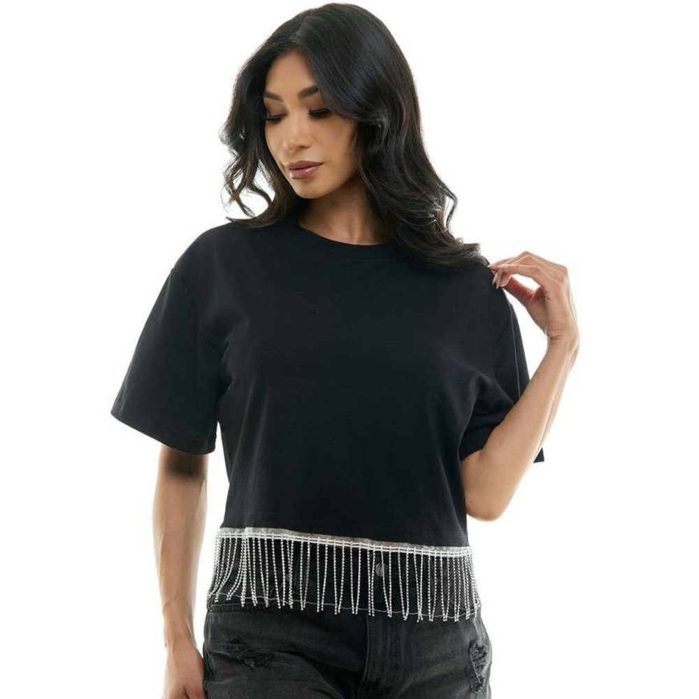 Black Cropped T-Shirt Top with Rhinestone Beaded Fringe Women’s S/M